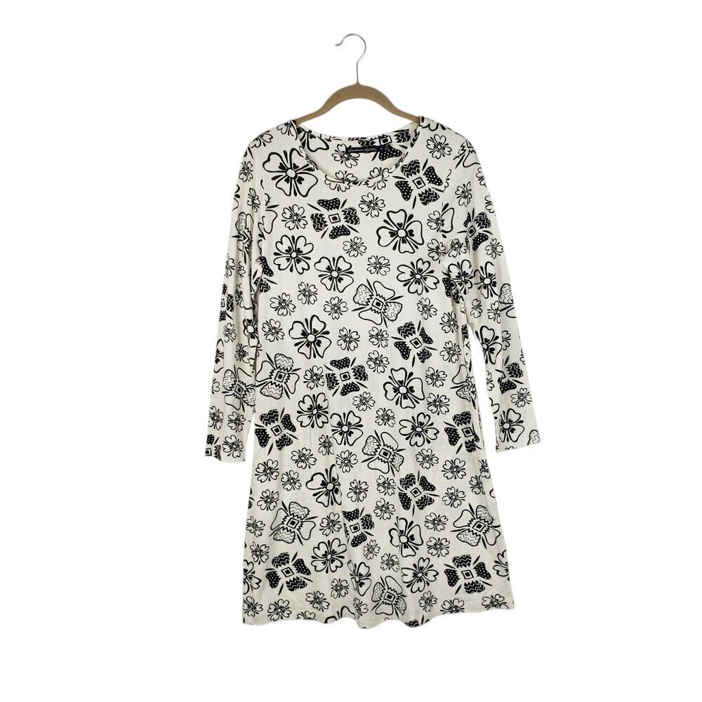 Gudrun Sjoden Ivory Black Floral Long Sleeve Dress Cotton Modal Womens Small Gud